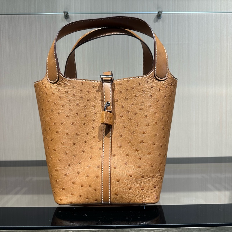 HERMES Picotin Lock系列 20 金扣 鸵鸟皮菜篮子水桶包手提包-0