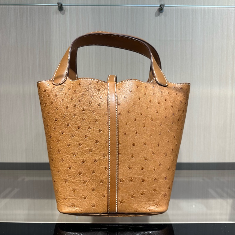 HERMES Picotin Lock系列 20 金扣 鸵鸟皮菜篮子水桶包手提包-3
