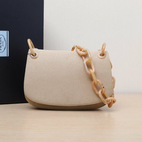PRADA 奶茶色棉中古亞克力鏈條腋下包肩背包