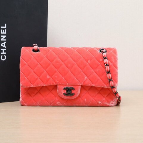 CHANEL CF口蓋包中號25.5紅色絲絨20開黑扣肩背包