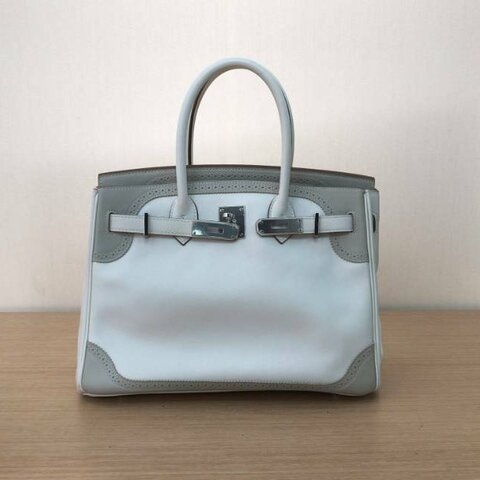HERMES Birkin3001白色拼80珍珠灰Swift皮框P銀扣蕾絲款肩背包