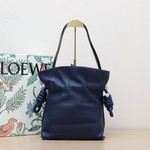 LOEWE FlamencoClutch扭結抽繩福袋包手拿單肩斜挎包中號30藍色牛皮肩背包