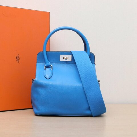 HERMES Toolbox牛奶盒子2071法國藍EC皮X刻銀扣肩背包