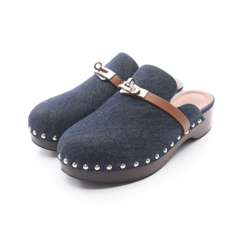 HERMES Carlotta Kelly 扣木屐涼鞋 穆勒牛仔皮革海軍藍二手女款 #38-0