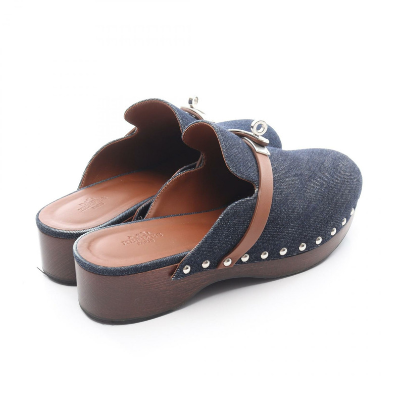 HERMES Carlotta Kelly 扣木屐涼鞋 穆勒牛仔皮革海軍藍二手女款 #38-1