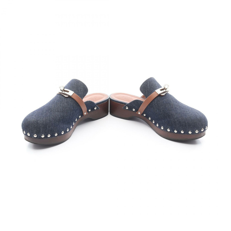 HERMES Carlotta Kelly 扣木屐涼鞋 穆勒牛仔皮革海軍藍二手女款 #38-2