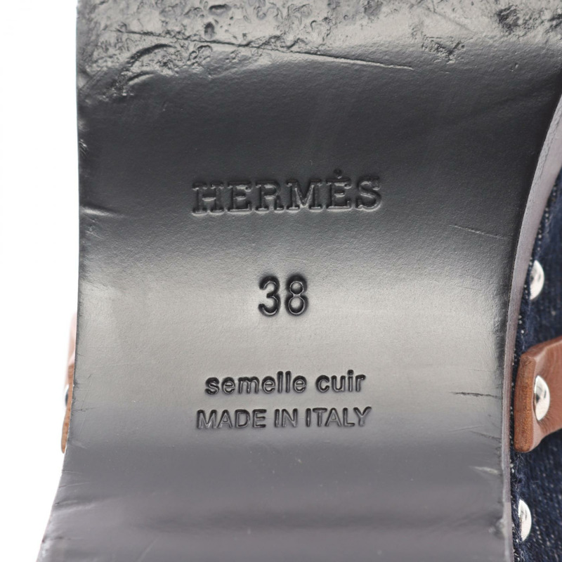 HERMES Carlotta Kelly 扣木屐涼鞋 穆勒牛仔皮革海軍藍二手女款 #38-5