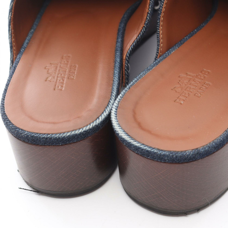 HERMES Carlotta Kelly 扣木屐涼鞋 穆勒牛仔皮革海軍藍二手女款 #38-8