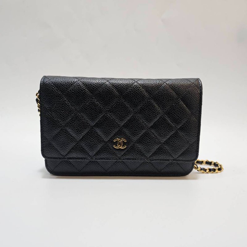 Chanel 黑荔枝牛皮菱格紋Woc金釦下蓋6卡斜背鏈包AP0250-0