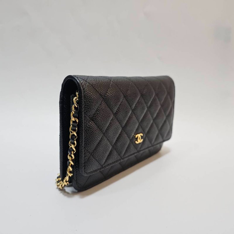 Chanel 黑荔枝牛皮菱格紋Woc金釦下蓋6卡斜背鏈包AP0250-1