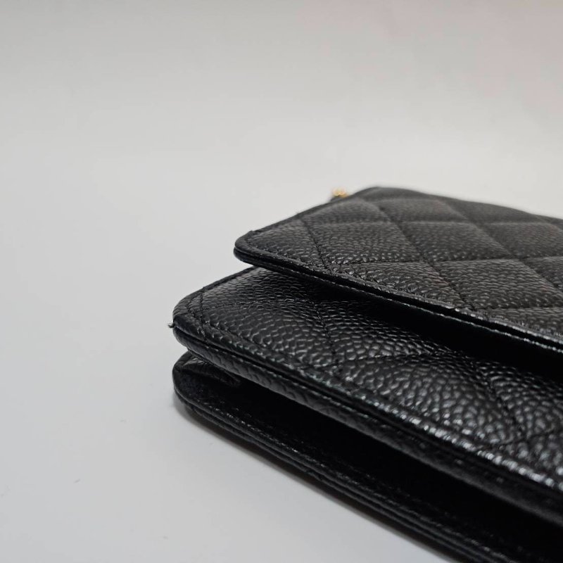 Chanel 黑荔枝牛皮菱格紋Woc金釦下蓋6卡斜背鏈包AP0250-3