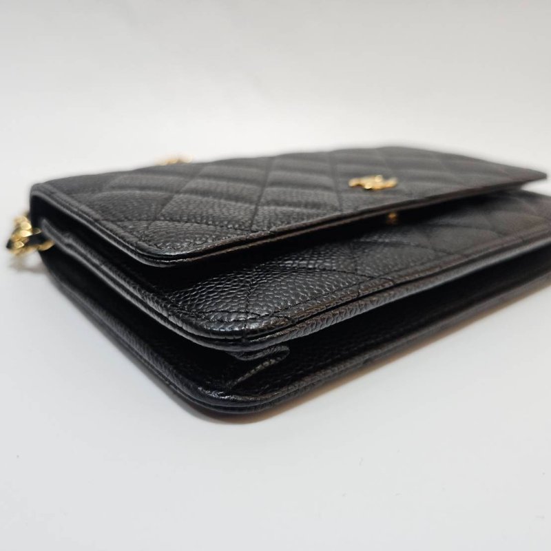 Chanel 黑荔枝牛皮菱格紋Woc金釦下蓋6卡斜背鏈包AP0250-5