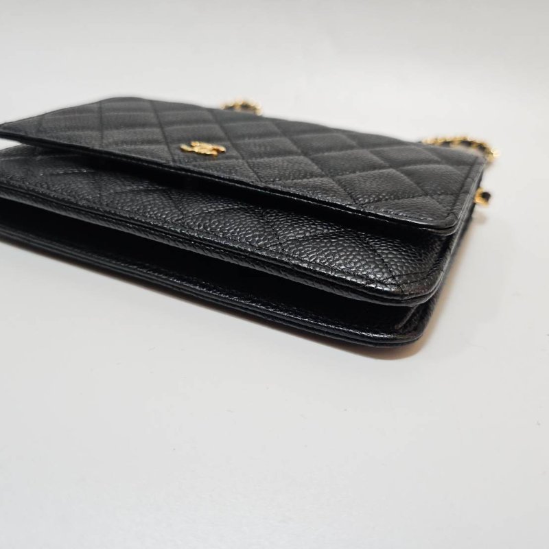 Chanel 黑荔枝牛皮菱格紋Woc金釦下蓋6卡斜背鏈包AP0250-6