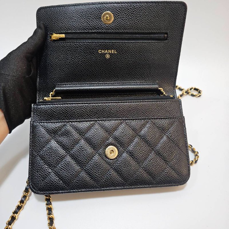 Chanel 黑荔枝牛皮菱格紋Woc金釦下蓋6卡斜背鏈包AP0250-8