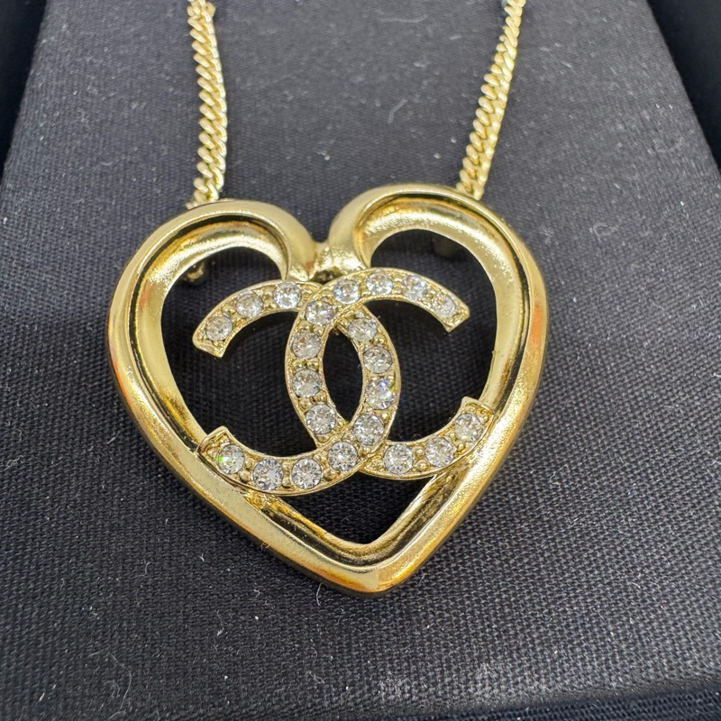 CHANEL愛心雙空雙C水鑽項鍊-3