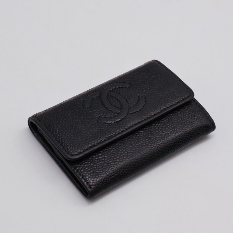 CHANEL 壓紋雙C口蓋卡包 - 黑16開-0