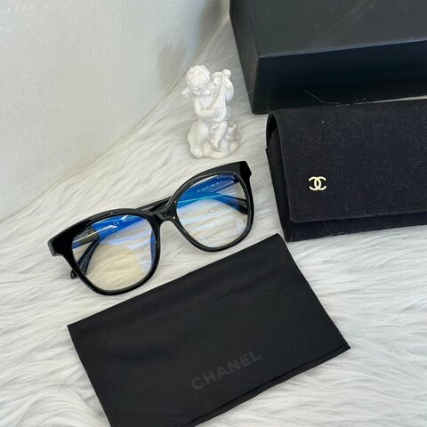 CHANEL 菱格紋鏡腳抗藍光眼鏡 - 黑