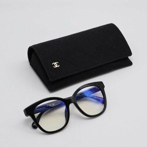 CHANEL 菱格紋鏡腳抗藍光眼鏡 - 黑