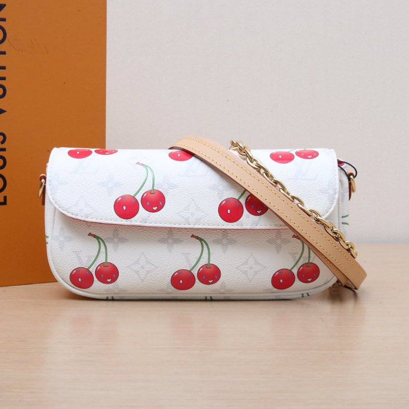 LOUIS VUITTON 村上隆聯名款櫻桃系列IVY白色單肩斜挎包白色PVC金扣晶片肩背包-0