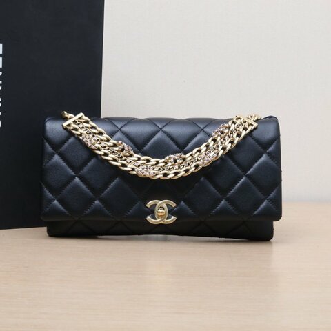 CHANEL 黑色羊皮晶片開金扣24C粉鑽logo鏈條CF手提包晚宴包肩背包