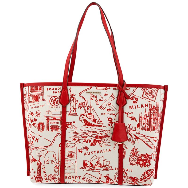 【TORY BURCH】地圖印花帆布托特包-紅白-0