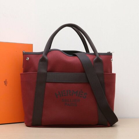HERMES 55愛馬仕紅47巧克力色帆布W刻銀扣新款馬術包拼拼肩背包