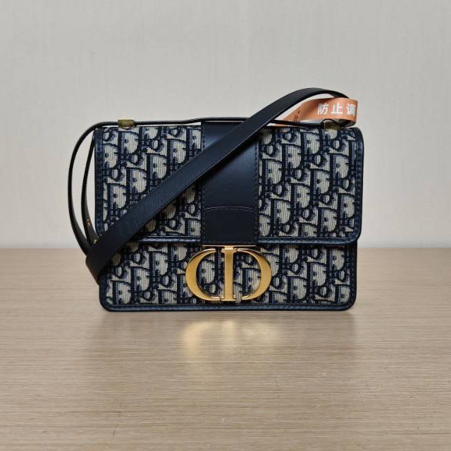 DIOR 30Montaigne蒙田皮肩帶大號24拼藍色牛皮/帆布金扣2021Oblique印花肩背包-0