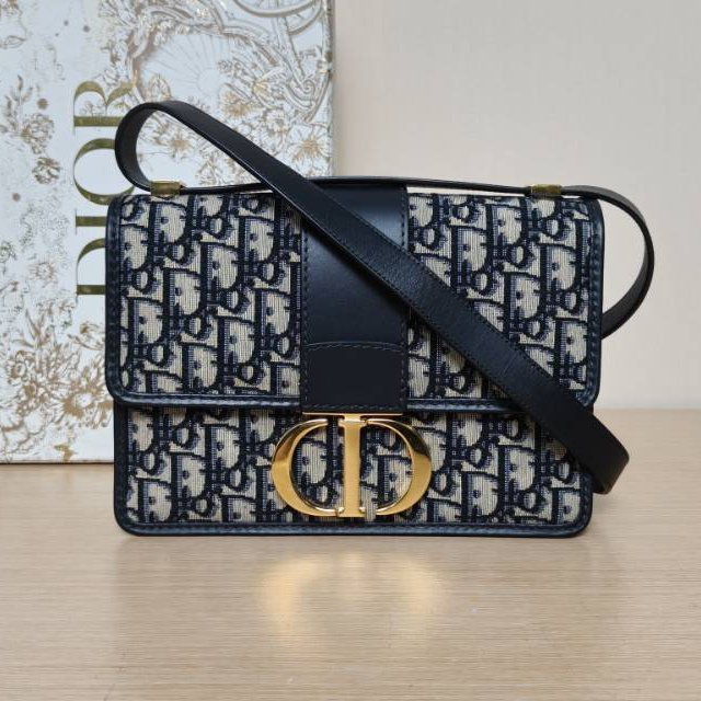 DIOR 30Montaigne蒙田皮肩帶大號24拼藍色牛皮/帆布金扣2021Oblique印花肩背包-1