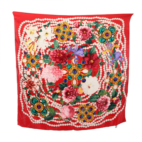 CHANEL Gripoix 圍巾 絲綢 紅色 綠色 多色 二手 女款 CC Coco