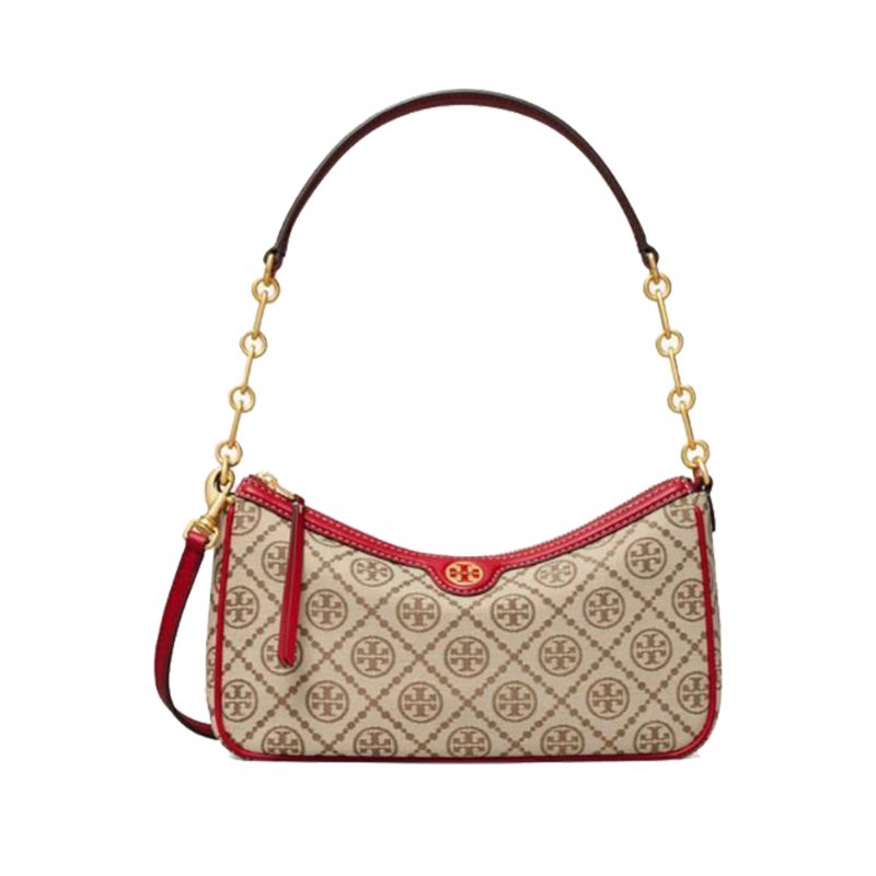 【TORY BURCH】帆布拼接皮革水桶包-卡其紅-0