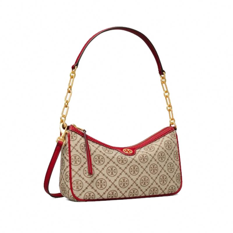 【TORY BURCH】帆布拼接皮革水桶包-卡其紅-4