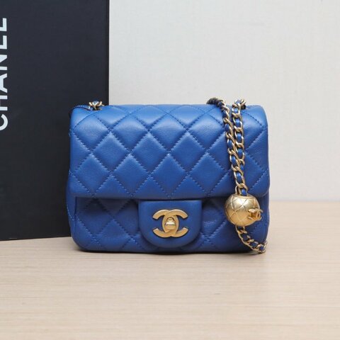 CHANEL CF口蓋包方胖子17羊皮30開金扣藍色金球調節扣肩帶肩背包