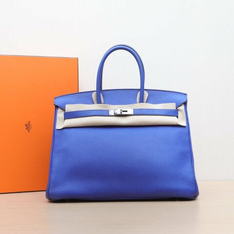 HERMES Birkin357T電光藍TC皮框O銀扣肩背包