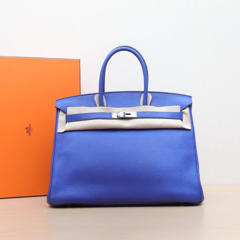 HERMES Birkin357T電光藍TC皮框O銀扣肩背包-0