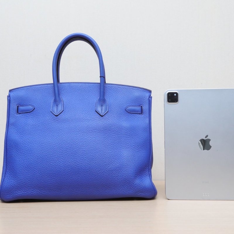 HERMES Birkin357T電光藍TC皮框O銀扣肩背包-4