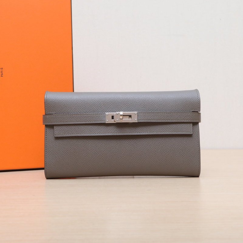 HERMES Kelly長款錢包8F錫器灰Epsom皮C刻銀扣肩背包-0