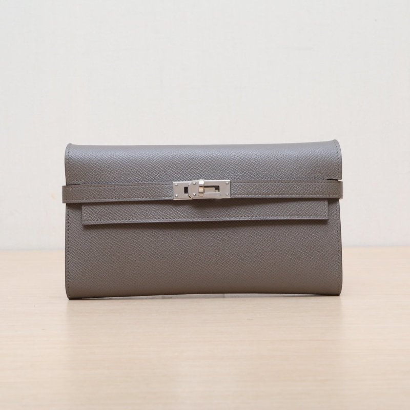 HERMES Kelly長款錢包8F錫器灰Epsom皮C刻銀扣肩背包-1