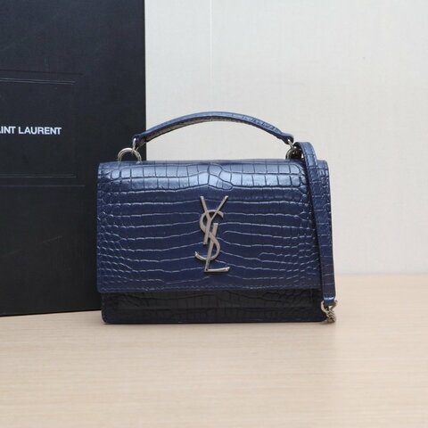 SAINT LAURENT SUNSET日落包配手柄小號19鱷魚壓紋藍色牛皮銀扣肩背包