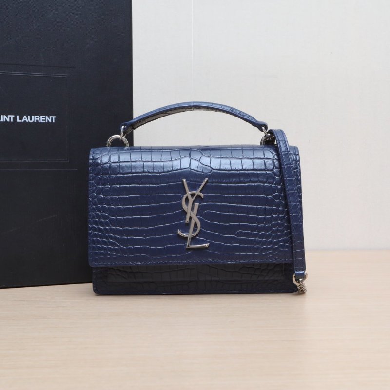 SAINT LAURENT SUNSET日落包配手柄小號19鱷魚壓紋藍色牛皮銀扣肩背包-0