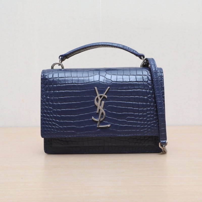SAINT LAURENT SUNSET日落包配手柄小號19鱷魚壓紋藍色牛皮銀扣肩背包-1