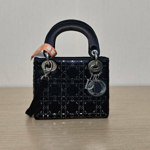 DIOR Lady戴妃包三格墨藍色緞面銀扣2016水鑽飾面肩背包