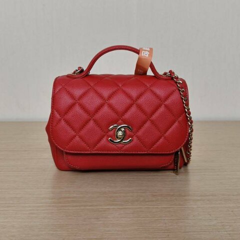 CHANEL BusinessAffinity口蓋郵差包配手柄小號19紅色荔枝牛皮28開金扣菱格紋肩背包