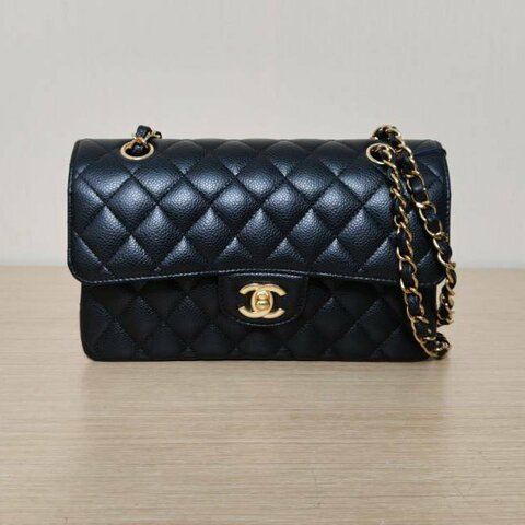 CHANEL CF口蓋包小號23黑色荔枝牛皮晶片開金扣菱格紋肩背包