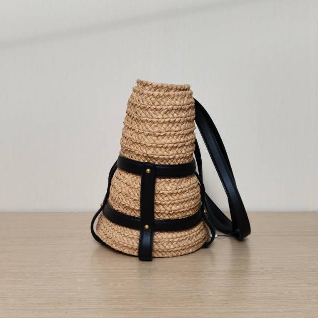 SAINT LAURENT 拼色草編金扣手提托特包肩背包-1