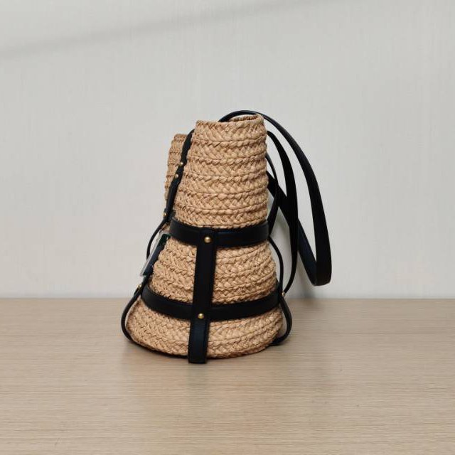 SAINT LAURENT 拼色草編金扣手提托特包肩背包-3