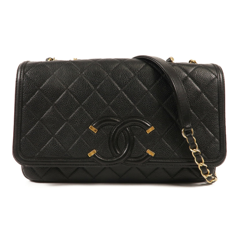 CHANEL 牛皮皮革Chain Shoulder金扣鏈帶肩背袋-0