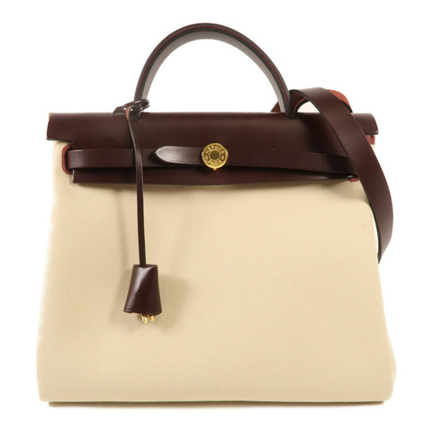 HERMES 帆布Herbag PM金扣肩背袋Beton/Rouge Sellier