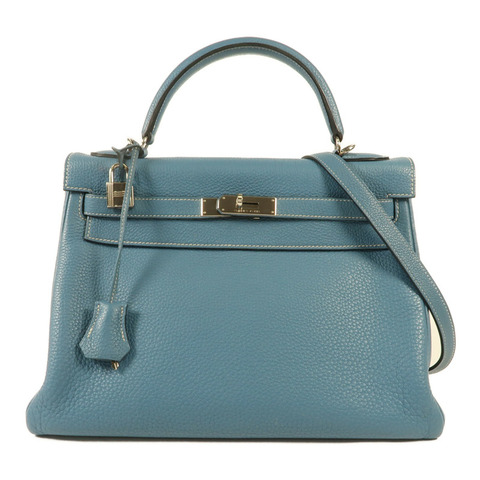 HERMES Togo皮革Kelly 32銀扣手挽肩背兩用袋Blue Jean
