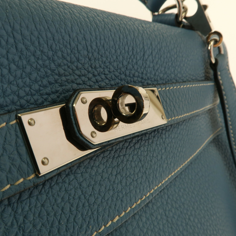 HERMES Togo皮革Kelly 32銀扣手挽肩背兩用袋Blue Jean-9