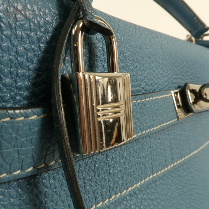 HERMES Togo皮革Kelly 32銀扣手挽肩背兩用袋Blue Jean-10